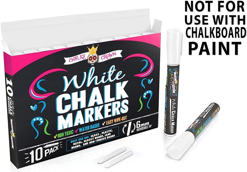 CHALKY CROWN Liquid Chalk Marker Pen - White Dry Erase Marker - Chalk Markers for Chalkboard Signs, Windows, Blackboard, Glass - 6mm Reversible Tip (10 Pack) - Image 4